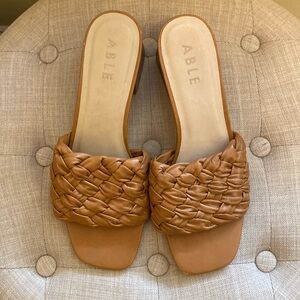ABLE Braided Tan Leather Slide Heeled Sandals Size 10 VGUC